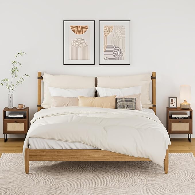 Rattan Nightstand, Boho Night Stand Farmhouse Wood Bedside Table - Image 6