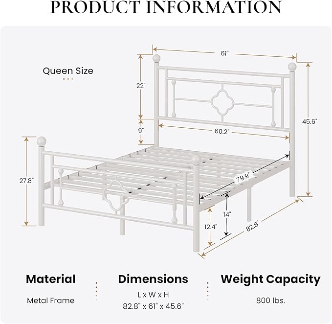 SHA CERLIN 14 Inches Queen Size Metal Platform Bed Frame/Vintage Iron-Art - Image 2