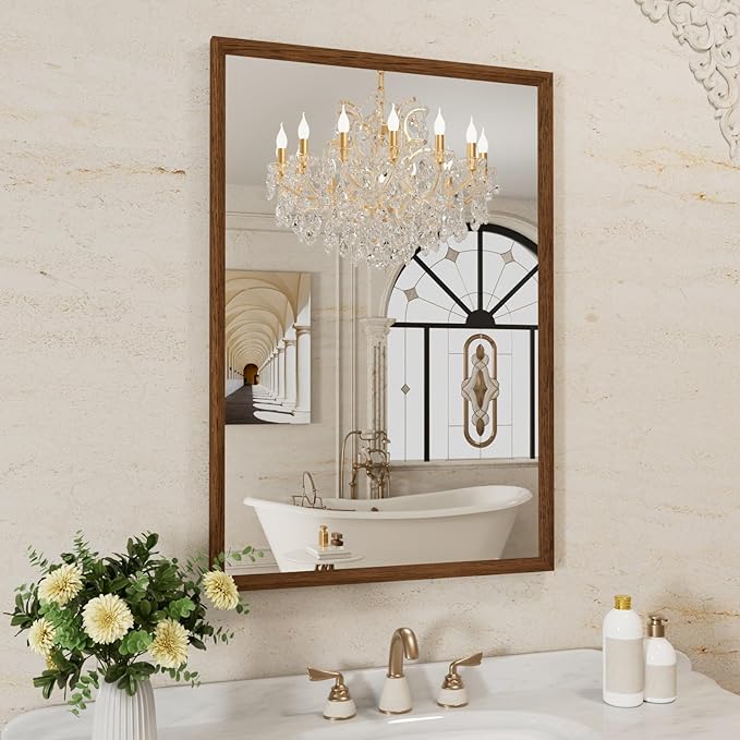 WEER Bathroom Mirror, 24x36 Inch Wall Mirror, Walnut Wood Grain Framed Mirror by WEER