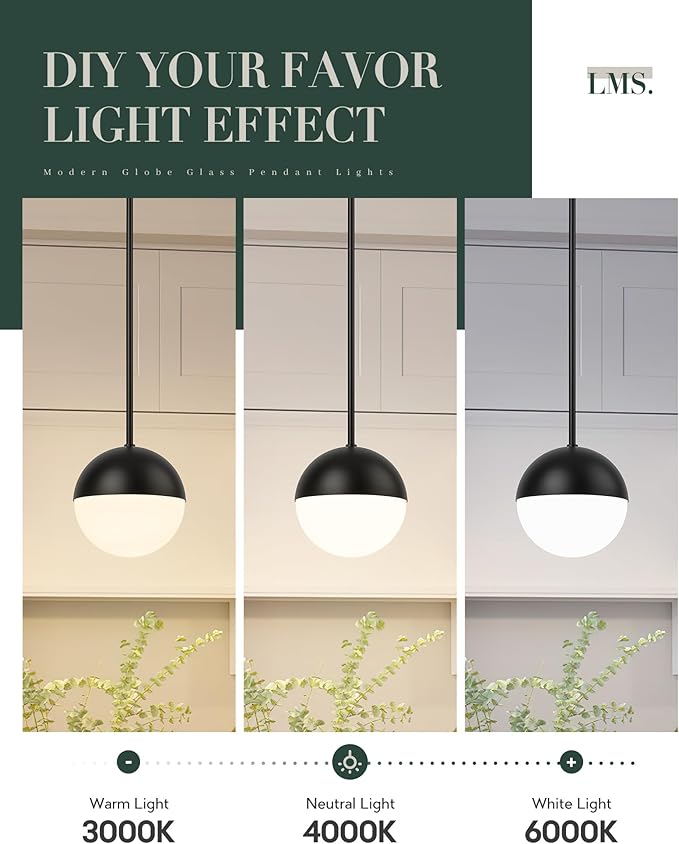 LMS 8-inch Black Pendant Lights Kitchen Island, Modern Globe Pendant Light - Image 8