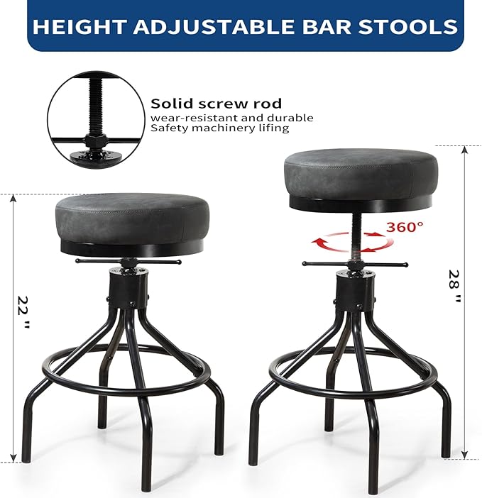 Grey Swivel Bar Stools Set of 2 Adjustable Swivel Round Barstools Modern PU - Image 5