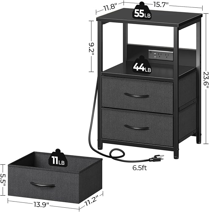 Seventable Nightstand with Charging Station, Bedside Table with LED Lights - Image 3