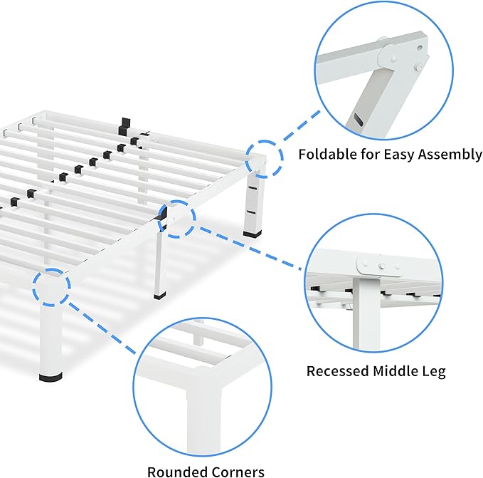 18 Inch Queen Size White Bed Frame, 3500Lbs Heavy Duty Metal Platform - Image 5