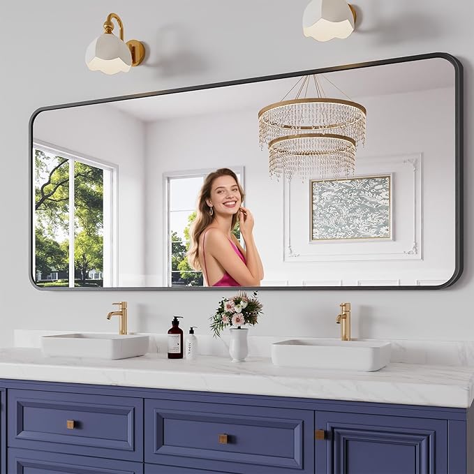 Koonmi Bathroom Mirror, 32X72 Inch Black Metal Framed Mirror by KOONMI