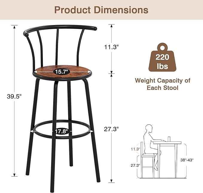 VECELO Bar Stools Set of 2, Swivel Counter Stools - Image 3