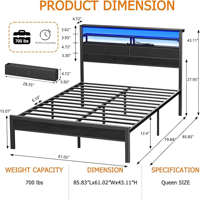 Furnulem Queen Bed Frame with Headboard & 2 Fabric Drawers, Bed Frame Queen - Image 2