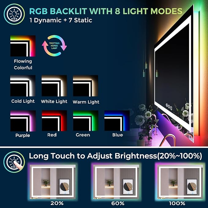 48x38 Inch RGB LED Bathroom Mirror Front Light and RGB Backlit Lighted Vanity - Image 3
