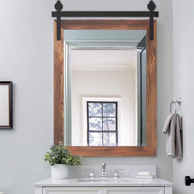 YOSHOOT Farmhouse Barn Door Mirror, Wall Mounted Vintage Mirror, Wooden by YOSHOOT
