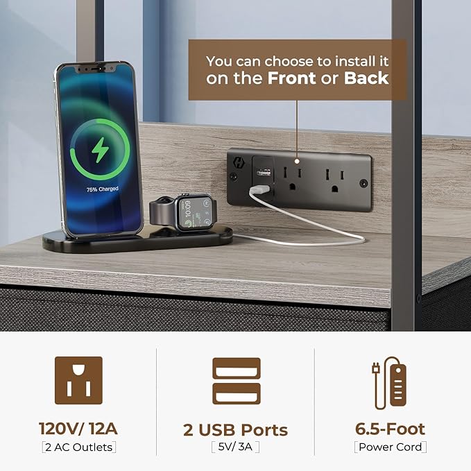 Seventable Night Stand with Charging Station, Tall Nightstand with 5 Fabric - Image 4