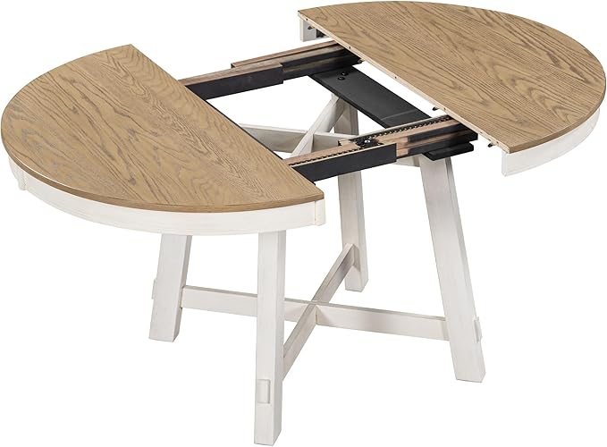Farmhouse Round Dining Table for 4, Extendable Circle to Oval Wooden Tabletop - Image 5