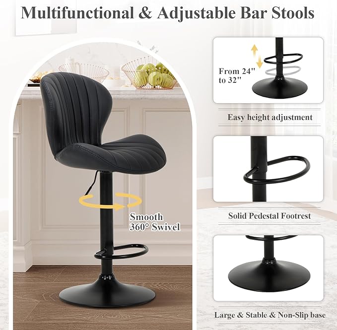 COLAMY Bar Stools Set of 6, Modern Swivel Bar Chairs, Adjustable Faux Leather - Image 4