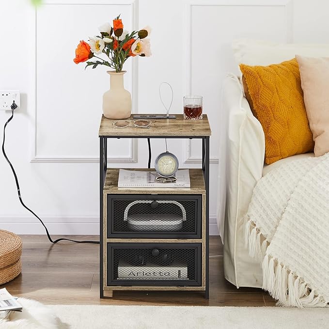 VECELO Grey End Table with USB Ports and Outlets, 24 Inch Nightstands with - Image 7