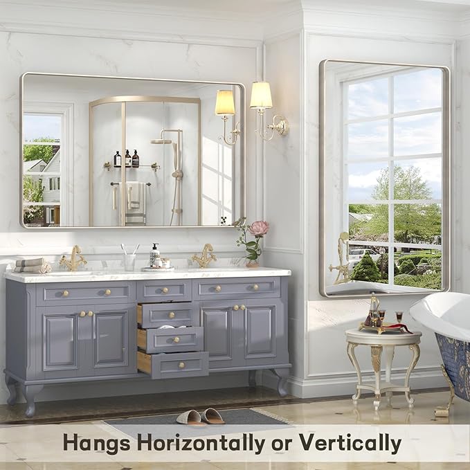 48x30 Inch Brushed Nickel Bathroom Mirror, Large Brushed Silver Metal Framed - Image 5