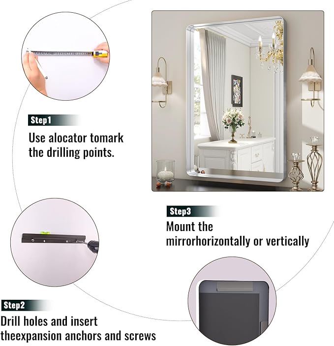 Silver Bathroom Mirror for Wall, 30x22 Inch Rectangular Aluminum Alloy Framed - Image 6