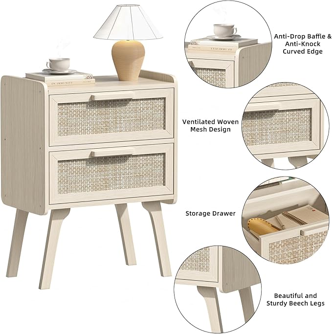 Lerliuo Rattan Nightstands Set of 2, Boho Night Stand - Image 8
