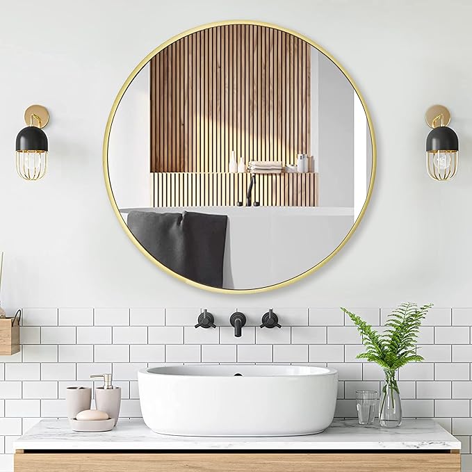 24 inch Gold Circle Mirror for Bathroom, Round Matte Gold Framed Mirror for - Image 6