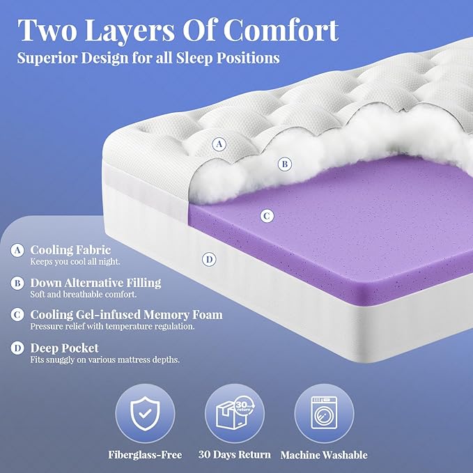 OhGeni Cooling 4 inch Dual Layer Twin XL Mattress Topper, 2 inch Gel Memory Foam - Image 2