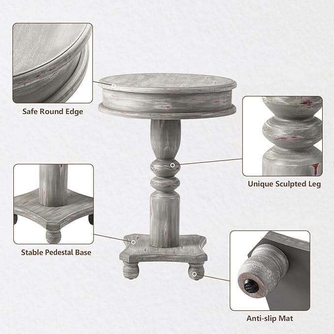 COSIEST Set of 2 Rustic Accent Side Table, Farmhouse Wood Pedestal Table Round - Image 7