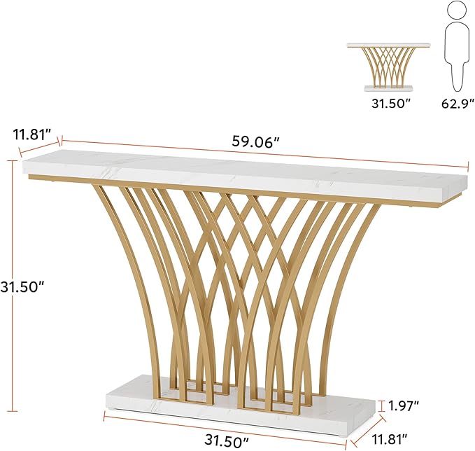 LITTLE TREE Narrow Entryway Console Table, Faux Marble White+Gold - Image 3