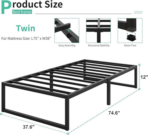 12 Inch Twin Size Bed Frames Heavy Duty Metal Twin Platform Bed Frame No Box - Image 2
