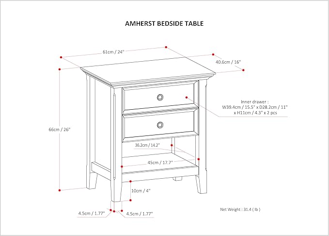 SIMPLIHOME Amherst SOLID WOOD 24 Inch Wide Traditional Bedside Nightstand Table - Image 3