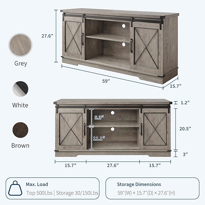 Farmhouse 59" TV Stand Up to 65 Inches, Mid Century Modern TV Entertainment - Image 2