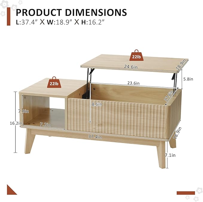 LYNCOHOME Fluted Lift Top Coffee Table - Image 2