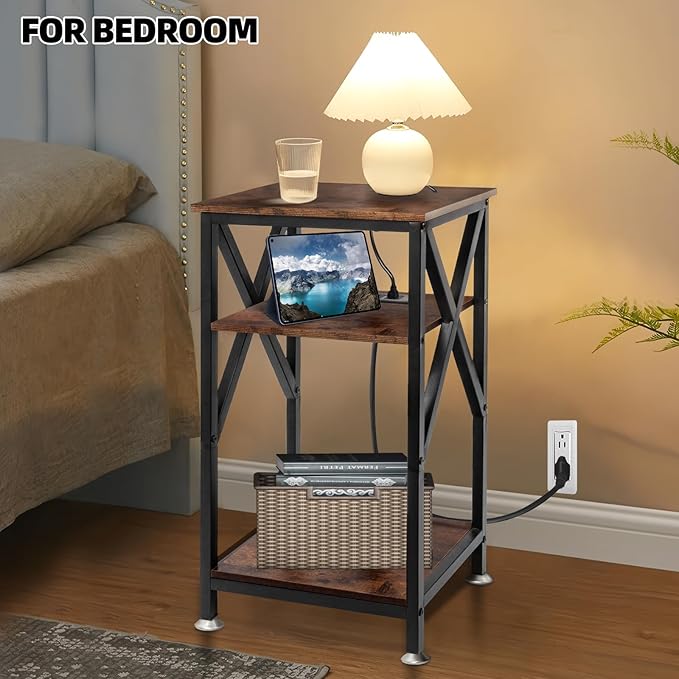 TooCust 3 Tier End Table with Charging Station, Metal and Brown Bedside Table - Image 7