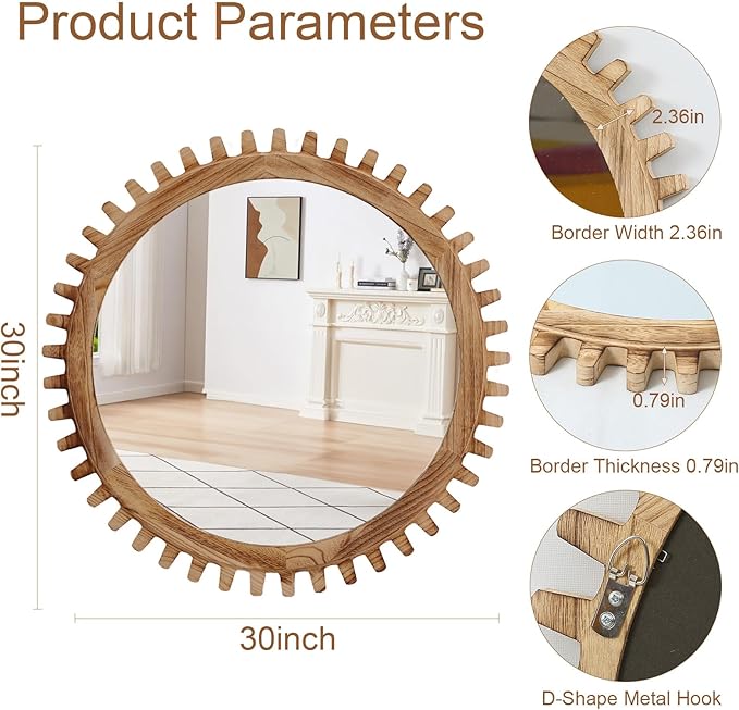 ULIKE Round Wood Mirror, 30 Inch Rustic Farmhouse Circle Mirror - Image 5