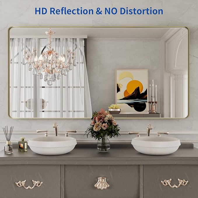 WEER Gold Bathroom Mirror, 60X36 Inch Brushed Gold Metal Frame Mirror, Rounded - Image 2