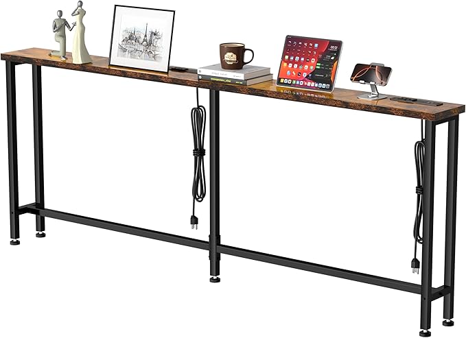 GRLEAF 90" Sofa Table with Built-in Power Strip – 4.9ft Power Cord, Metal Frame by Unknown