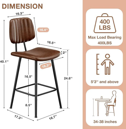 24-Inch Leather Bar Stools Set of 2, Counter Height Barstools - Image 2