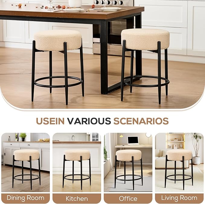Dining Room Chairs Set of 8, 23.6" Sherpa Backless Beige Boucle Dining Chair - Image 5