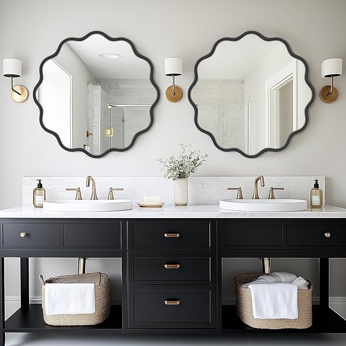 PROHOMEWARE Black Round Mirror 30 Inch Wavy Bathroom Vanity Mirror Black Frame - Image 2