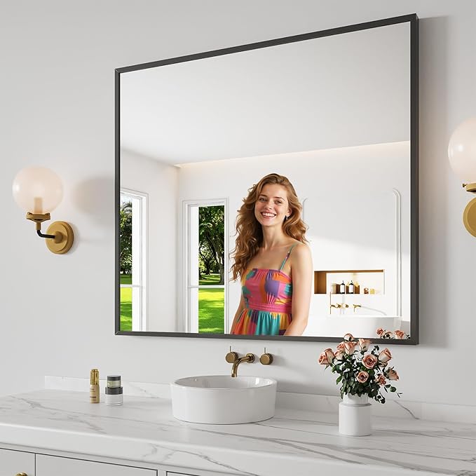 Bathroom Mirror 36x40 Black Bathroom Wall-Mounted Mirrors, Modern Vanity Mirror by KOONMI