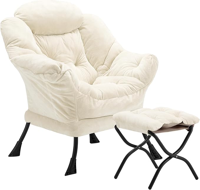 Lazy Chair with Folding Ottoman, Accent Chair Plush Upholstered with Metal by Youtanic