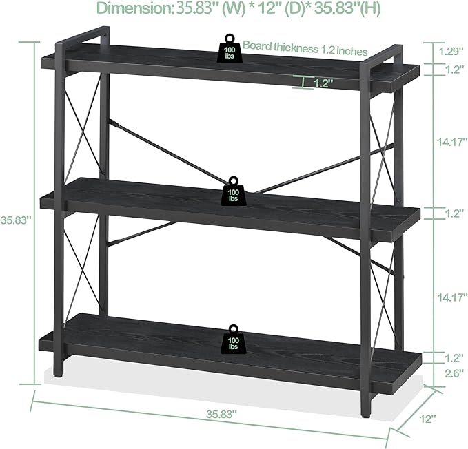 HCHQHS Bookshelf, 3-Tier Industrial Bookcase, Freestanding Horizontal - Image 3