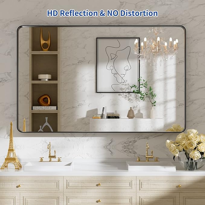 WEER Black Bathroom Mirror, 48X30 Inch Rectangular Matte Black Metal Framed - Image 4