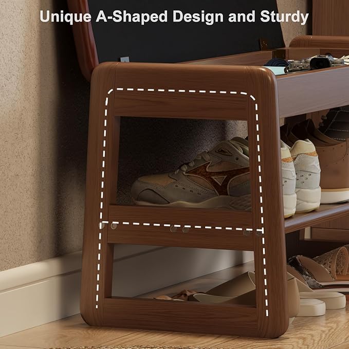 Small Shoe Bench with Leather Cushion, 2 Tiers Shoe Rack Bench with Flip-Top - Image 7