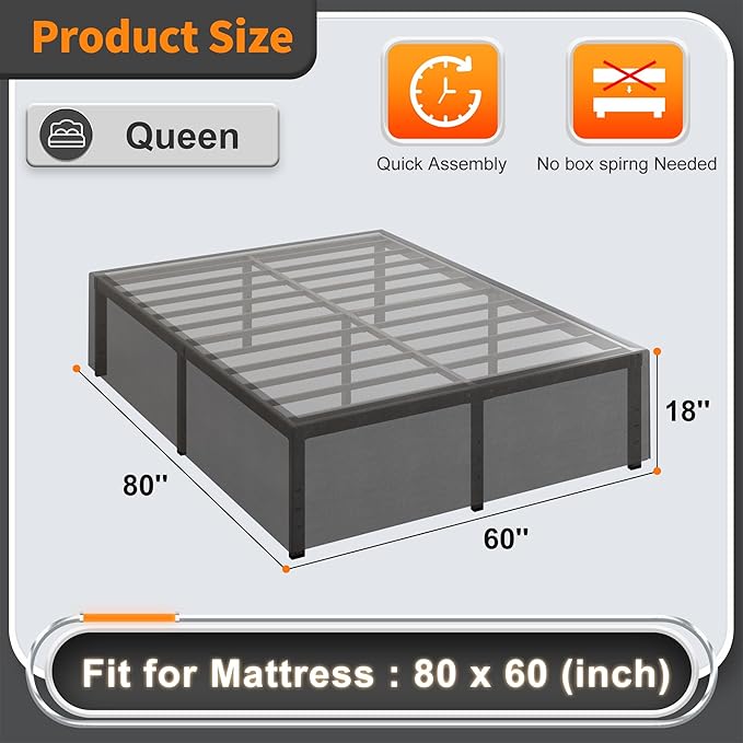 18 Inch Queen Bed Frame with Black Bed Cover, Metal Bed Frames Queen Size No - Image 2