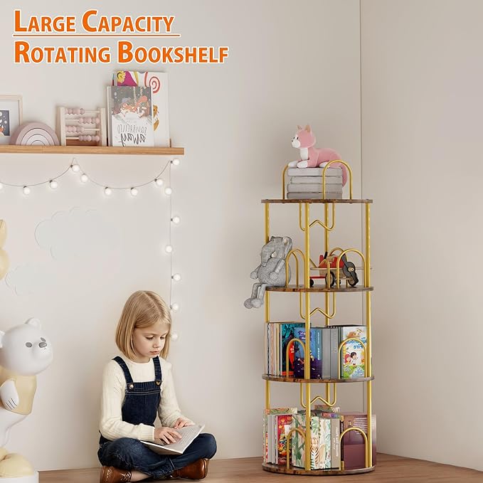 3 Tier Rotating Bookshelf, 360° Spinning Bookshelf Tower, Round Narrow Space - Image 3