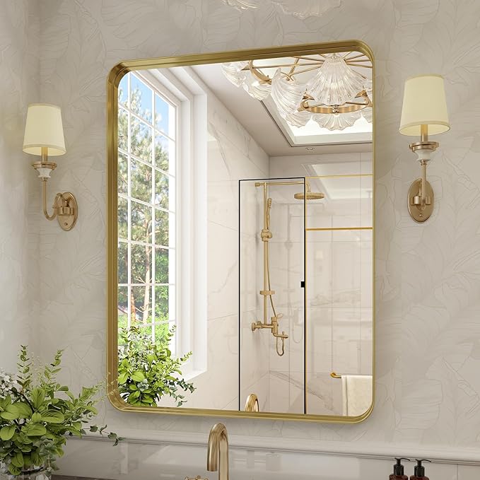Bathroom Mirror 30x40 inch, Modern Round Corner Bathroom Vanity Mirror by VooBang