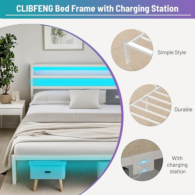 Full Size Bed Frame with Headboard, Heavy Duty Steel Slats Support-LED Bed - Image 4