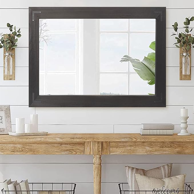 YOSHOOT Rustic Wooden Framed Wall Mirror, Natural Wood Bathroom Vanity Mirror - Image 5