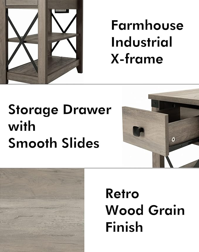 Narrow End Table with Charging Station Farmhouse Slim Side Table with USB Ports - Image 7