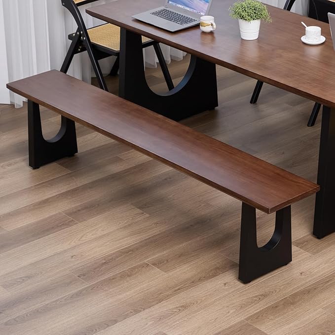 Walnut Color Long Bench Solid Wood Top Metal Legs U-Shaped Design Durable - Image 9
