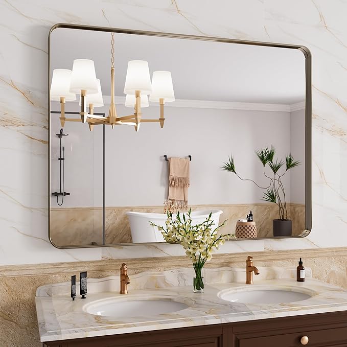Bronze Bathroom Mirror 40x30 Inch, Brushed Bronze Metal Frame Mirror by JISOSO