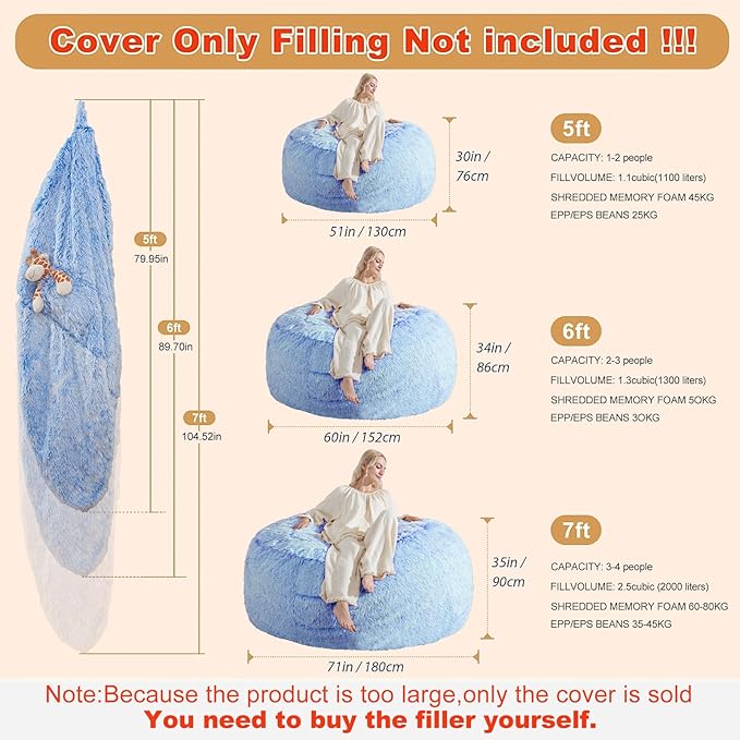 Bean Bag Covers Only, Fluffy Stuffed Beanbag Chair Covers No Filler, Washable - Image 2