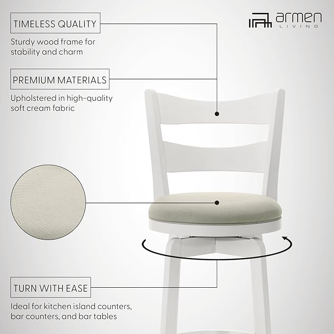 Armen Living Blair 26 in. Matte White Counter Height Rubberwood Swivel Barstool - Image 10