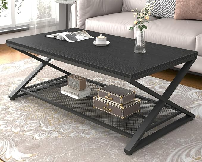 LVB Black Coffee Table, Wood Metal 2 Tier Center Tables by LVB